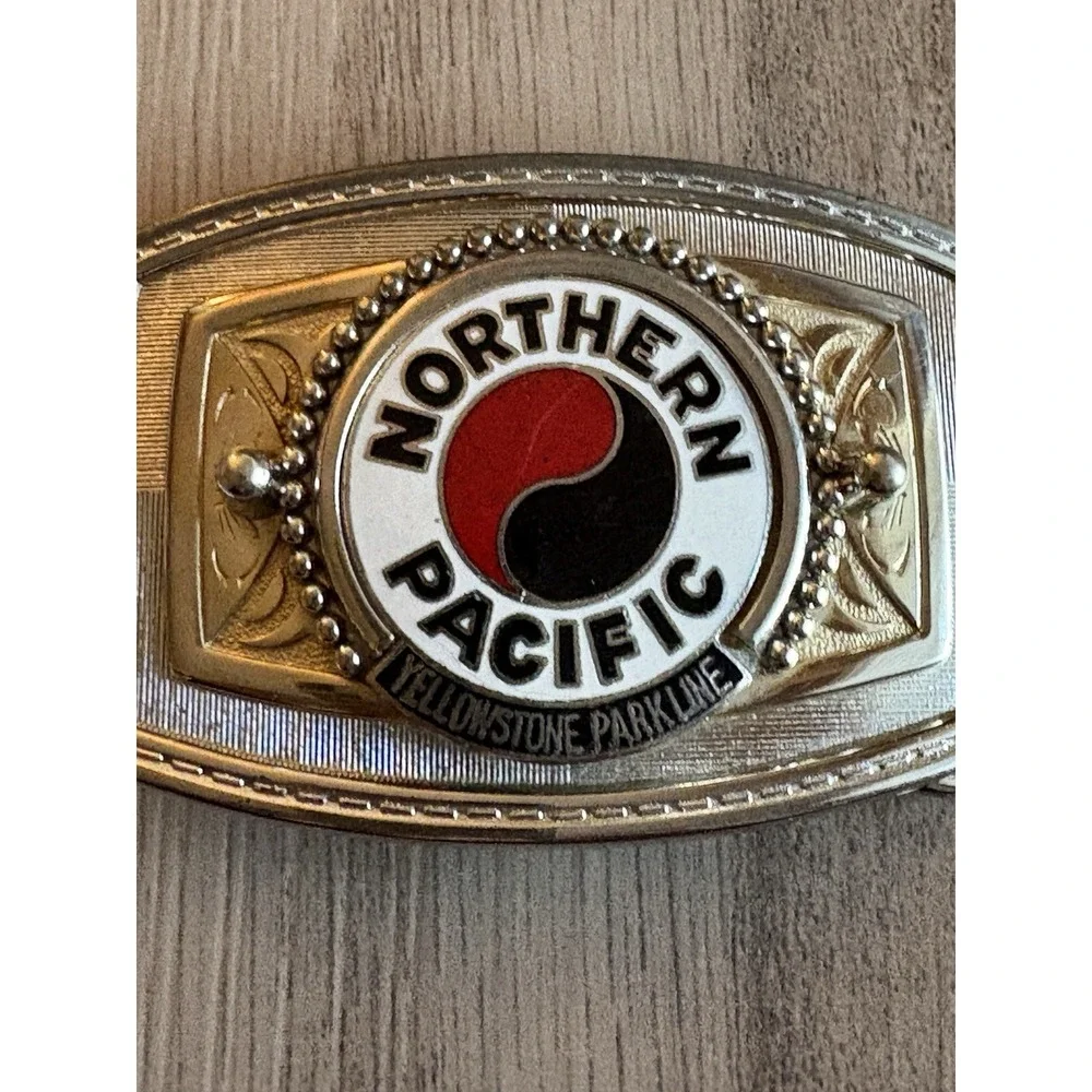 Vintage Northern‎ Pacific Railway StainlessBelt Buckle - with enamel inlay logo